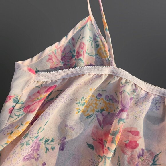 Vintage 80s Pink Floral Babydoll Lingerie Top Camisole Size L Split Front Fairy - Picture 7 of 7